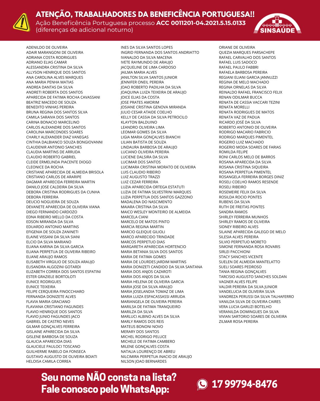 Lista de Trabalhadores – Ação Beneficência Portuguesa Diferenças de Adicional Noturno