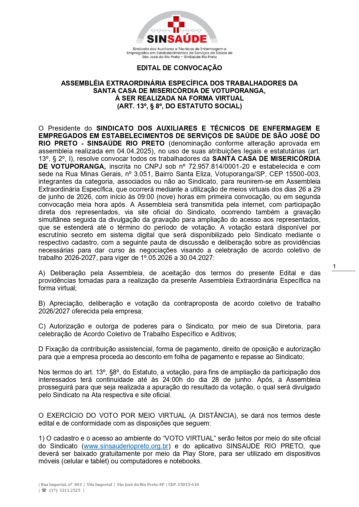 EDITAL DE CONVOCAÇÃO- SANTA CASA DE MISERICÓRDIA DE VOTUPORANGA