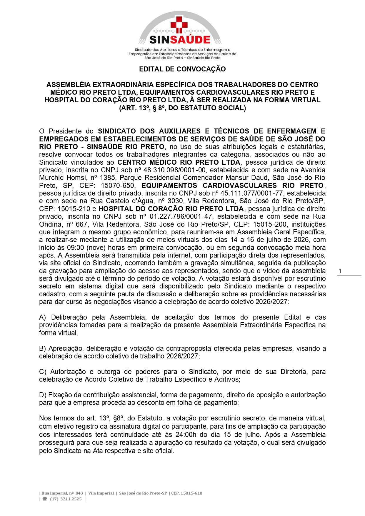 Edital Assembleia Aumento Salarial – Hospital Austa 2026-2027