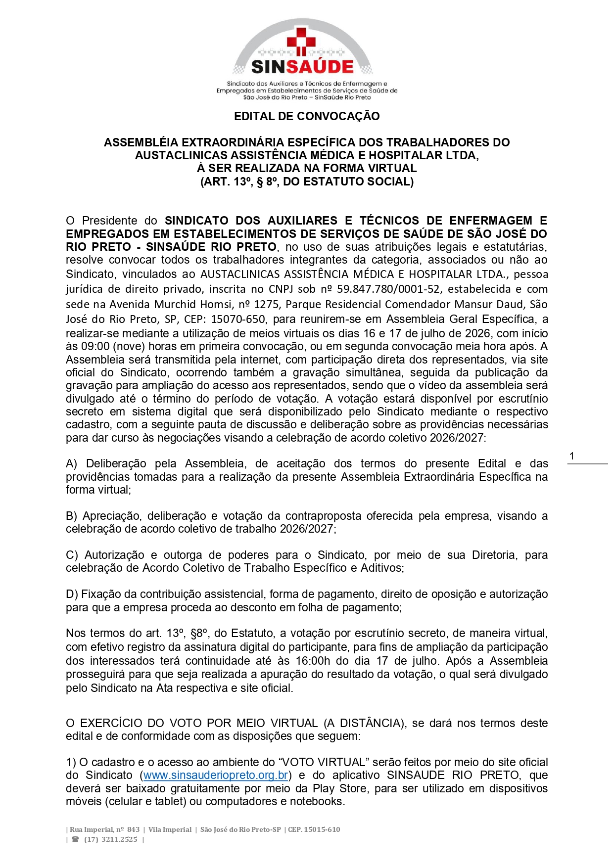 Edital Assembleia Aumento Salarial – Austa Clínicas 2026-2027